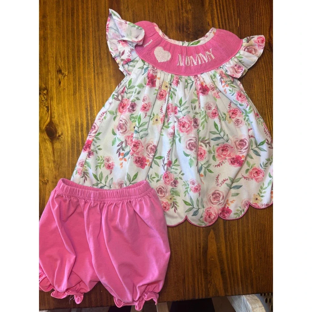 Smocked Frocks Baby Girls Pink Floral Mommy Smocked Tunic & Bloomers Set 12M
